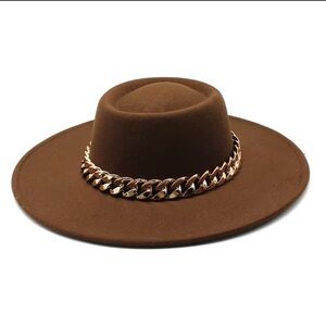 Elegant Brown Hat with Gold Chain Detail